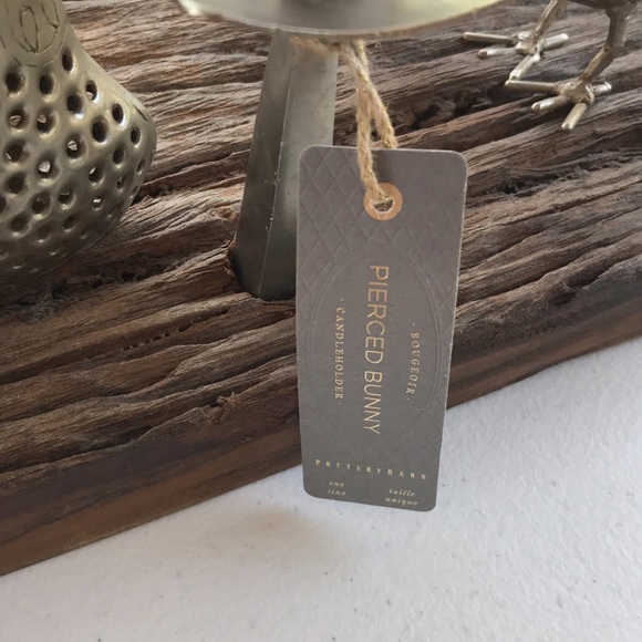 Pottery Barn Rustic Wood with Pierced Metal Bunny and Birds Taper Candle Holder - Picture 9 of 11